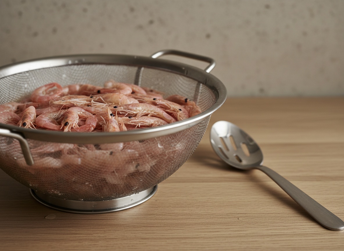 Quisquillas frescas enjuagándose un instante en un colador.