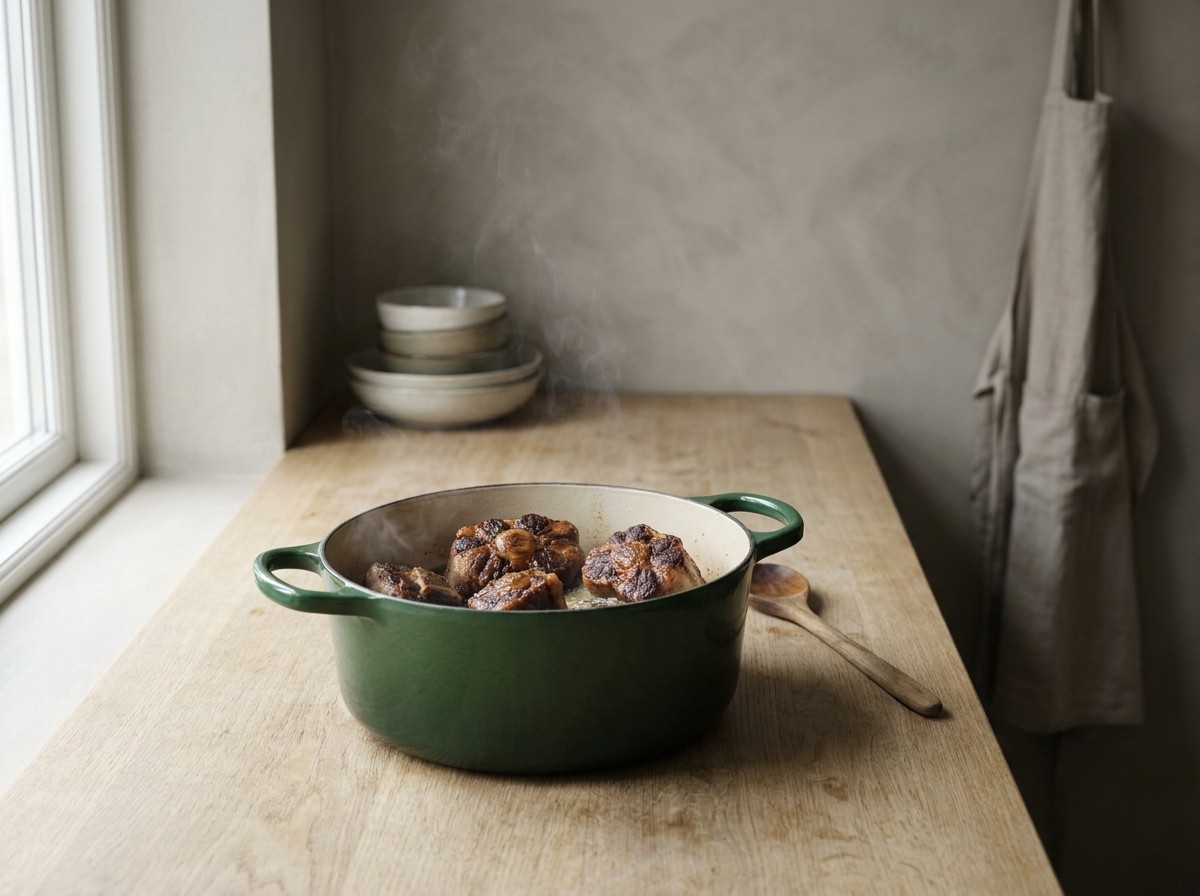 Trozos de rabo de buey dorándose en la cocotte