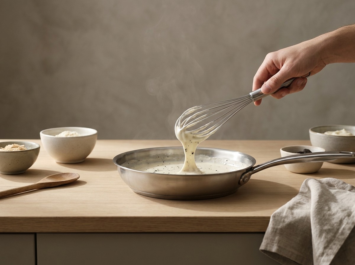 Bechamel trufada batiéndose sedosa en la sartén
