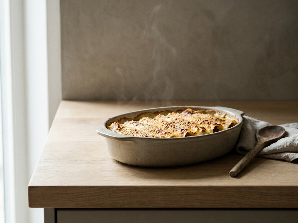 Canelones napados con bechamel y parmesano recién gratinados