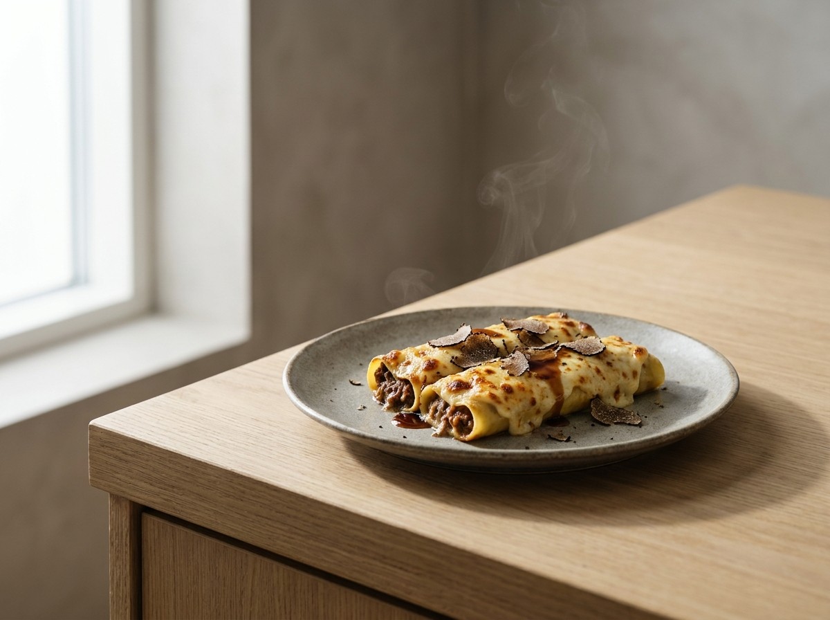 Canelones de rabo de buey en plato de cerámica gris piedra: dos canelones gratinados rellenos de rabo desmigado bajo bechamel trufada, con láminas de trufa negra.