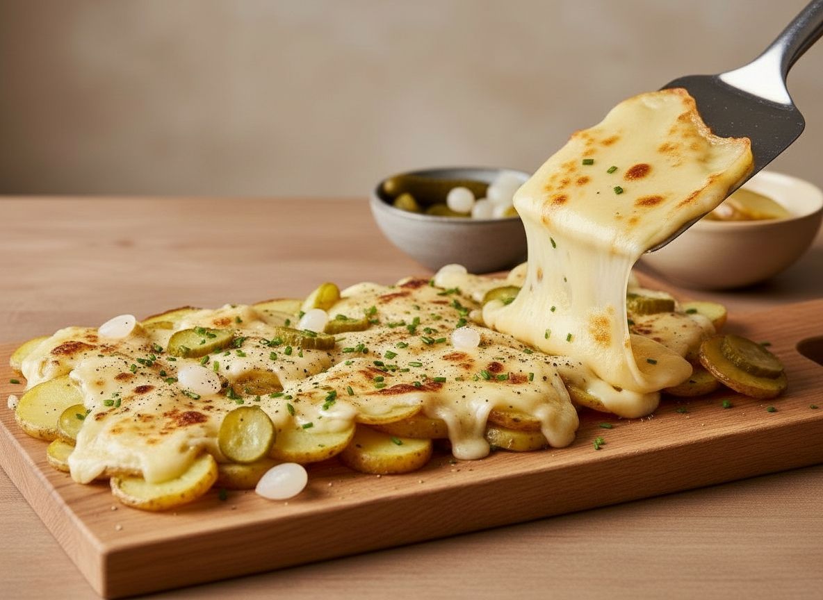 Raspa el queso fundido con una espátula metálica directamente sobre las patatas, en manto generoso y de un solo ges