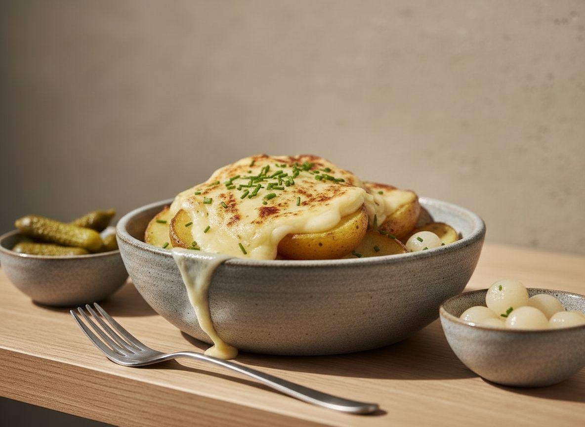 Patatas cocidas partidas cubiertas de queso raclette fundido con zonas doradas burbujeantes, pepinillos y cebollitas encurtidas al lado, en fuente de cerámica gris piedra