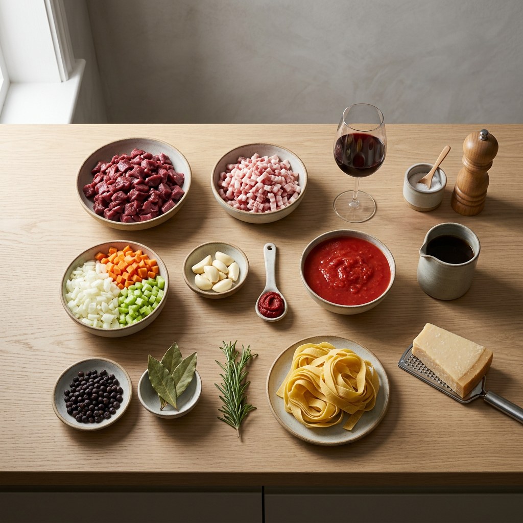 Mise en place: carne de ciervo, panceta, soffritto, vino tinto, tomate, bayas de enebro y pappardelle sobre superficie neutra