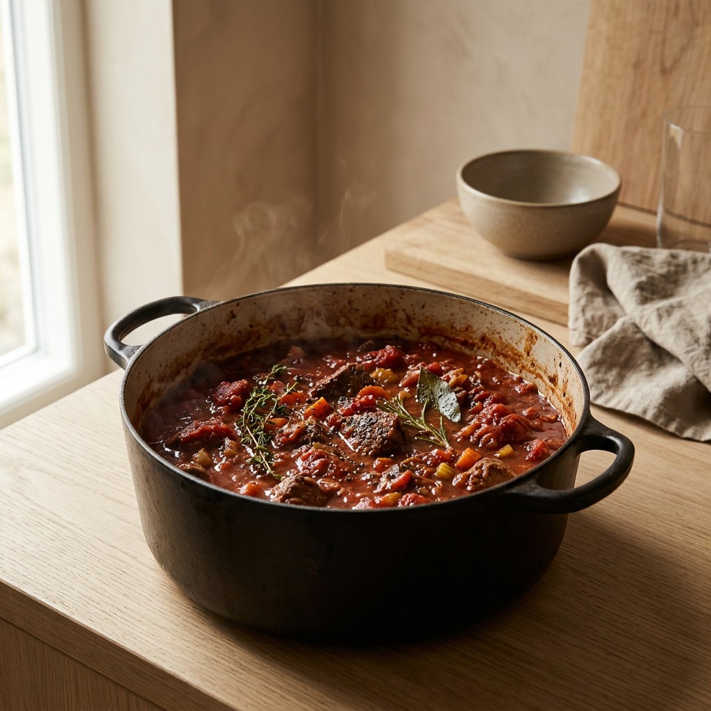 Ragú de ciervo estofándose lento con tomate en la cocotte