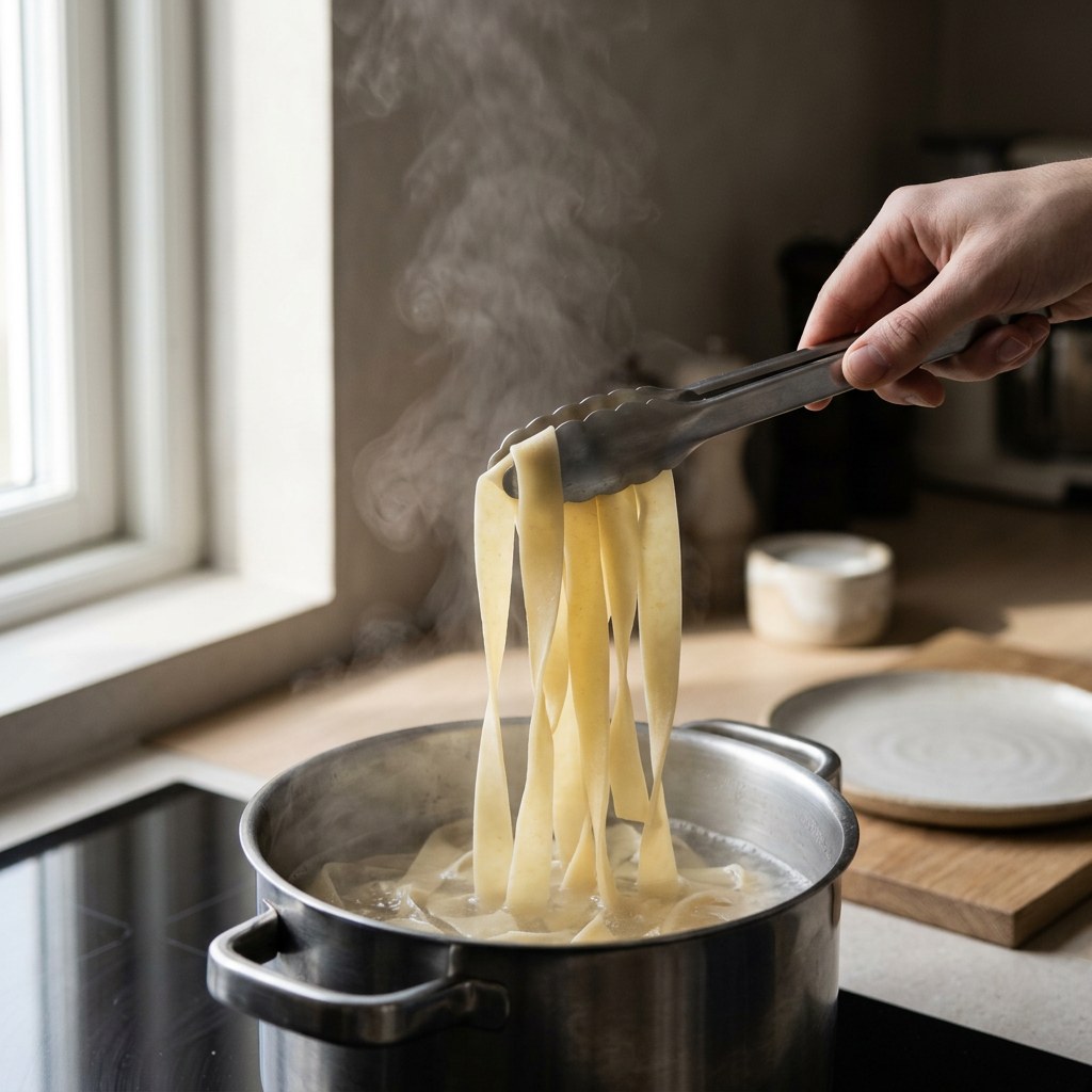 Pappardelle fresco cociéndose en agua hirviendo con sal