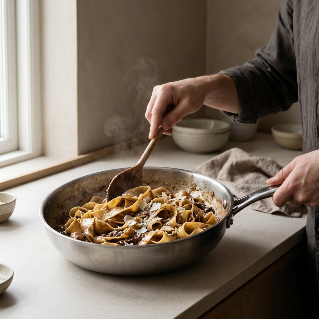 Pappardelle amalgamándose con el ragú y el parmesano en la sartén