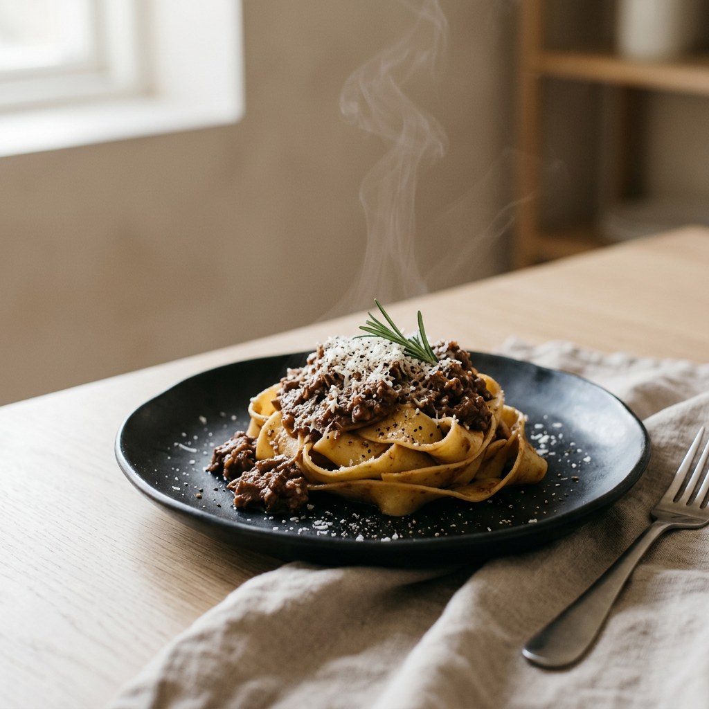 Fresh pappardelle tossed with rich venison ragu and juniper, grated parmesan on top, on a matte black plate, soft left window light, faint steam, fine dining presentation