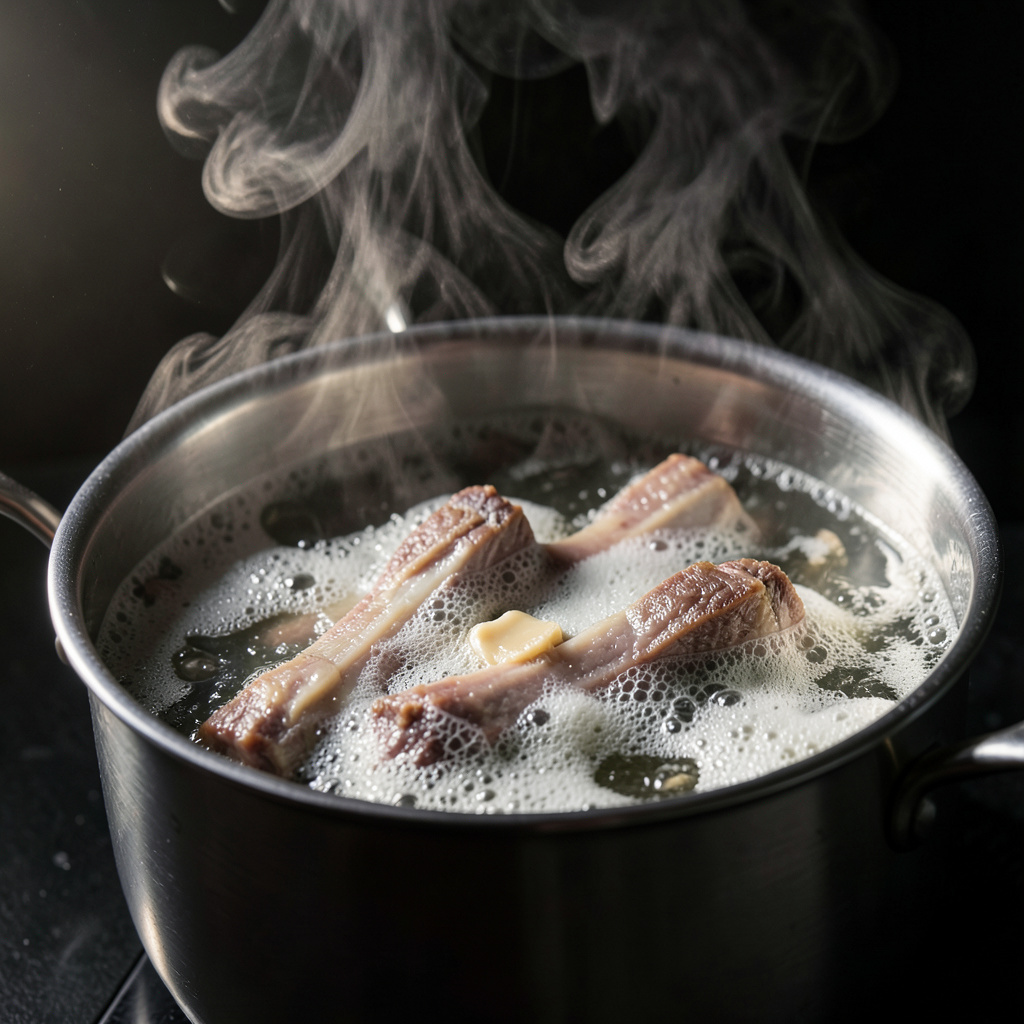 Huesos de buey con tuétano blanqueándose en agua hirviendo con impurezas espumando en la superficie de la olla