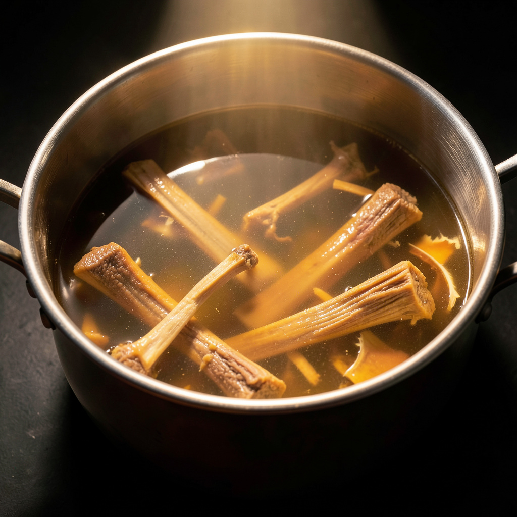 Caldo de buey a 85°C con huesos sumergidos tras 48 horas de extracción, color ámbar dorado profundo sin turbidez