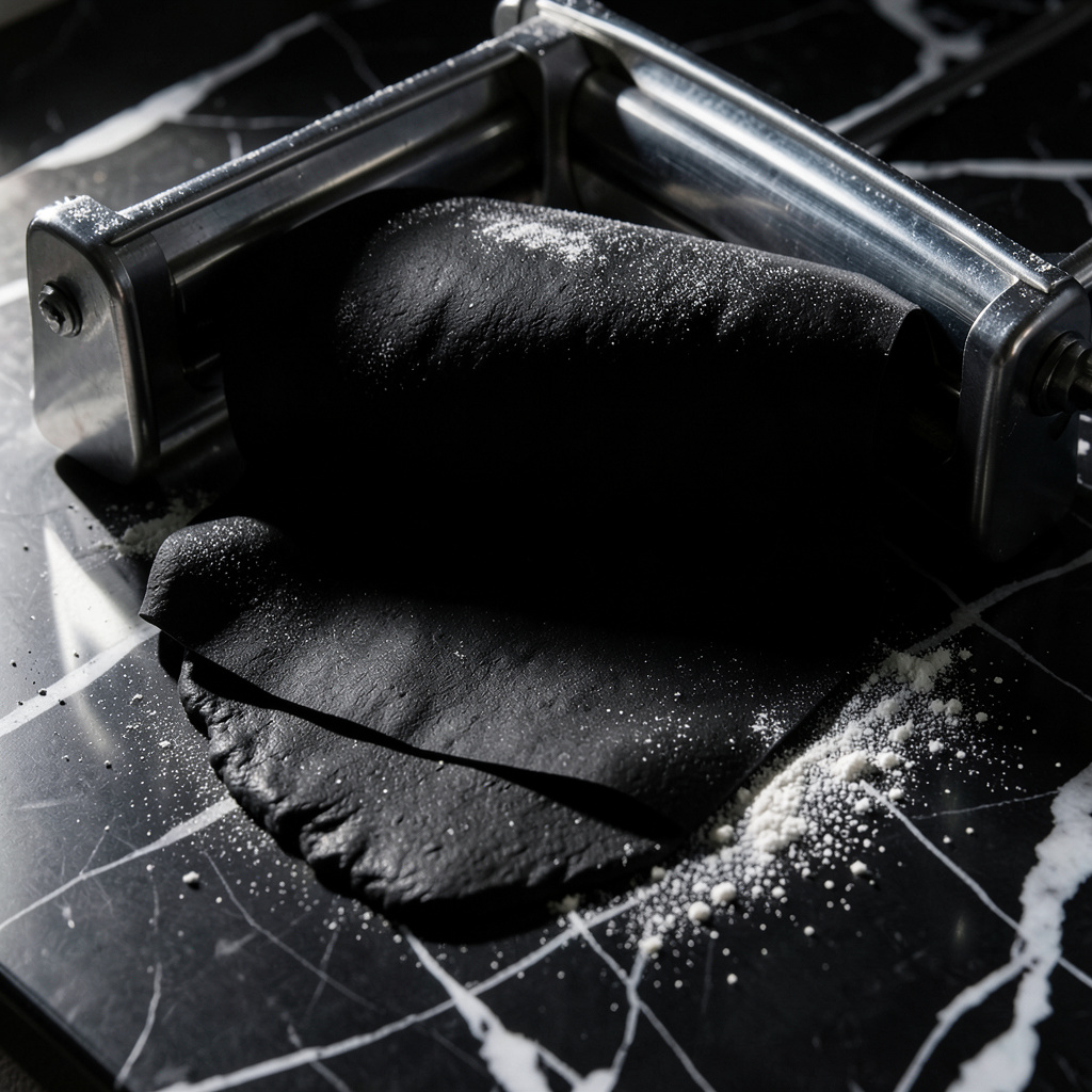 Masa negra de noodles de tinta de calamar siendo estirada en máquina de pasta, color negro absoluto brillante sobre superficie enharinada