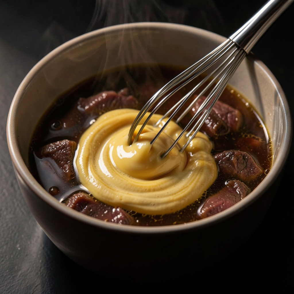 Mantequilla de foie emulsionándose en caldo de buey caliente con varillas, textura brillante dorada formándose en el líquido oscuro