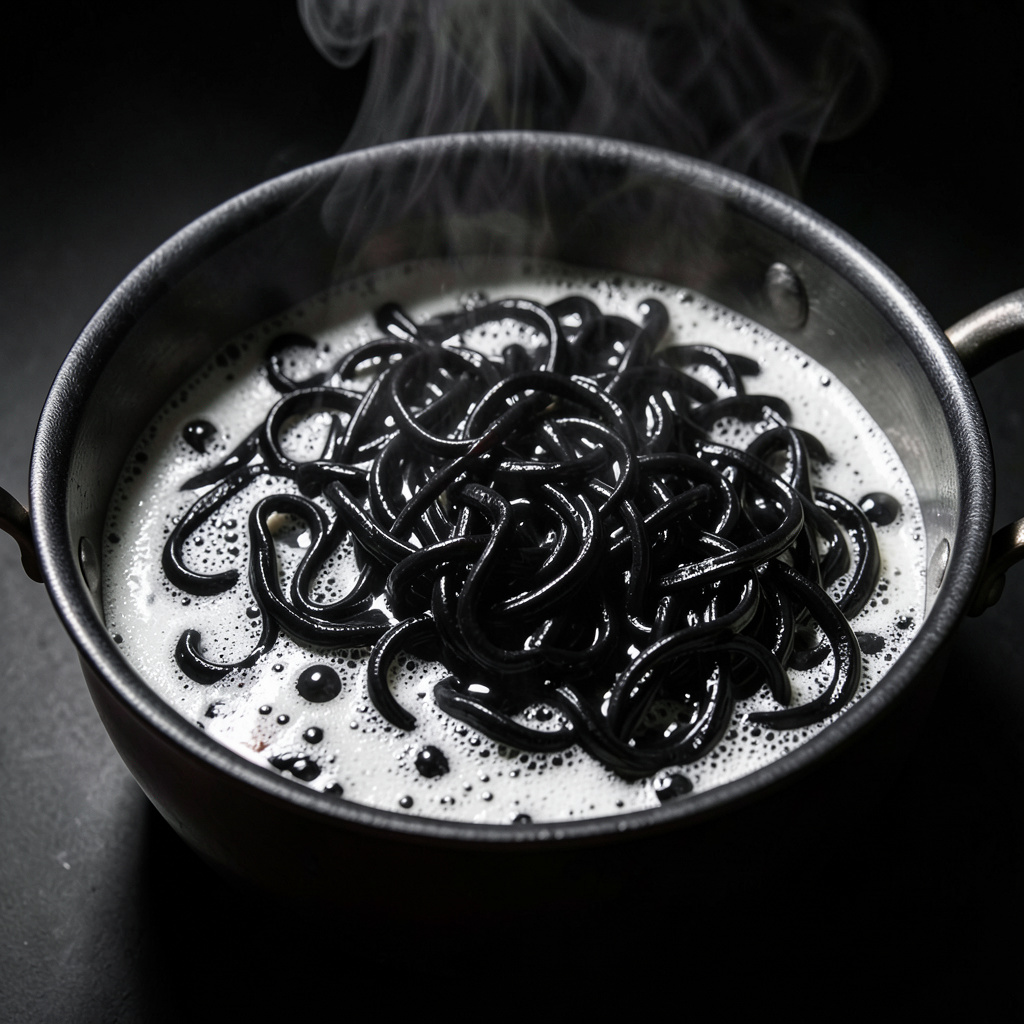 Noodles negros de tinta de calamar hirviéndose en agua con sal, color absolutamente negro contrastando con el agua blanca espumosa