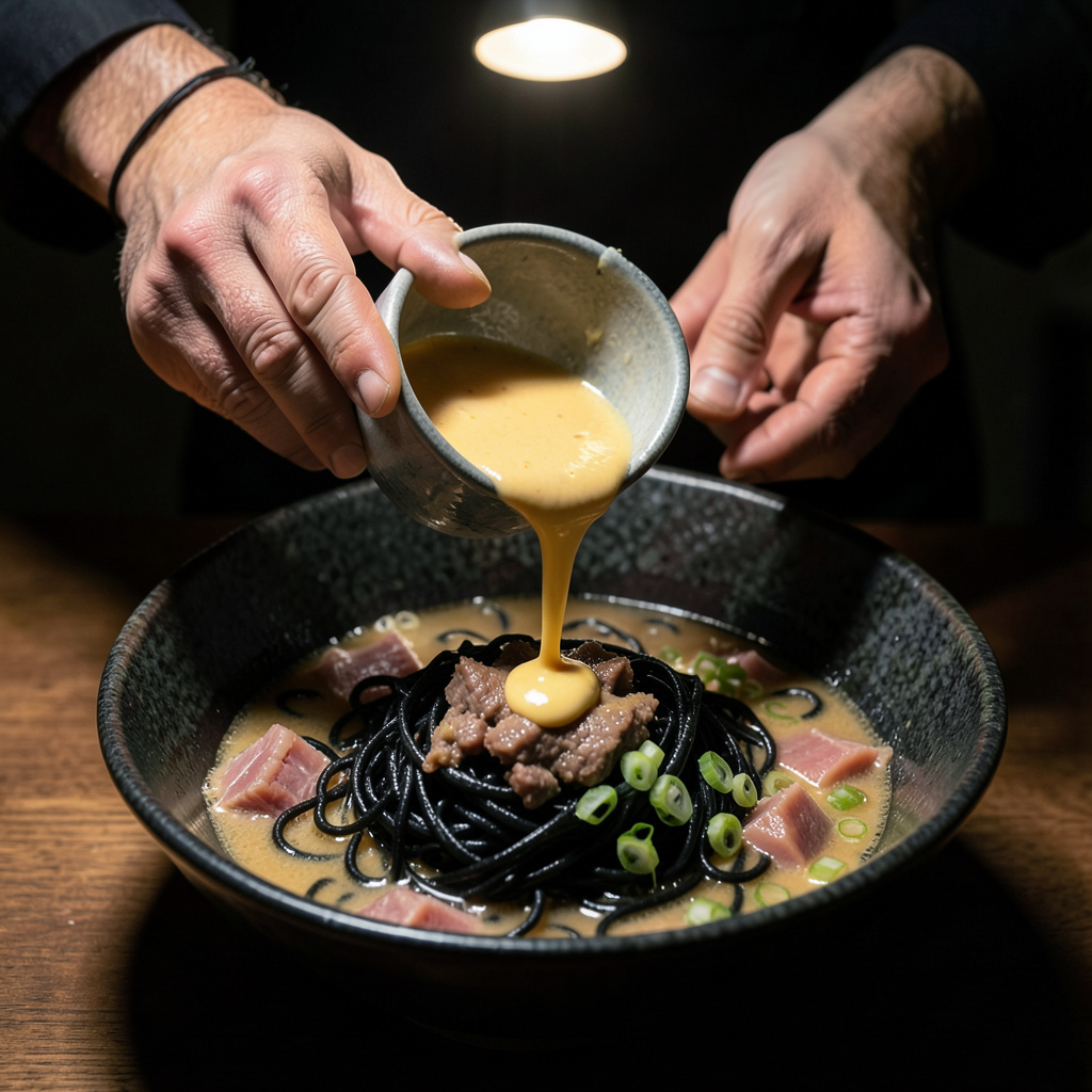 Manos del chef vertiendo caldo de buey dorado emulsionado sobre nido de noodles negros en bol de cerámica oscura con tuétano y cebolleta encurtida