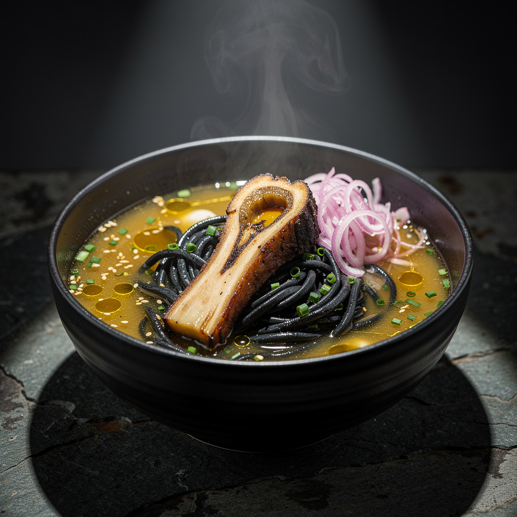 Bol de ramen de buey con noodles negros de tinta de calamar en caldo dorado brillante con mantequilla de foie fundida, cebolleta encurtida y tuétano en superficie oscura de piedra