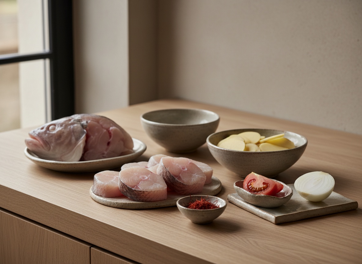 Ingredientes del rape a la marinera vistos de lado sobre tabla de roble: medallones de rape, cabeza para fumet, patatas, azafrán, tomate y cebolla, con cerámica artesanal y luz desde la izquierda.