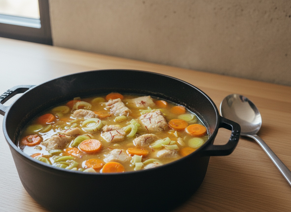 Fumet de rape cociendo suavemente con puerro y zanahoria en una olla sobre fondo de roble, con luz natural.