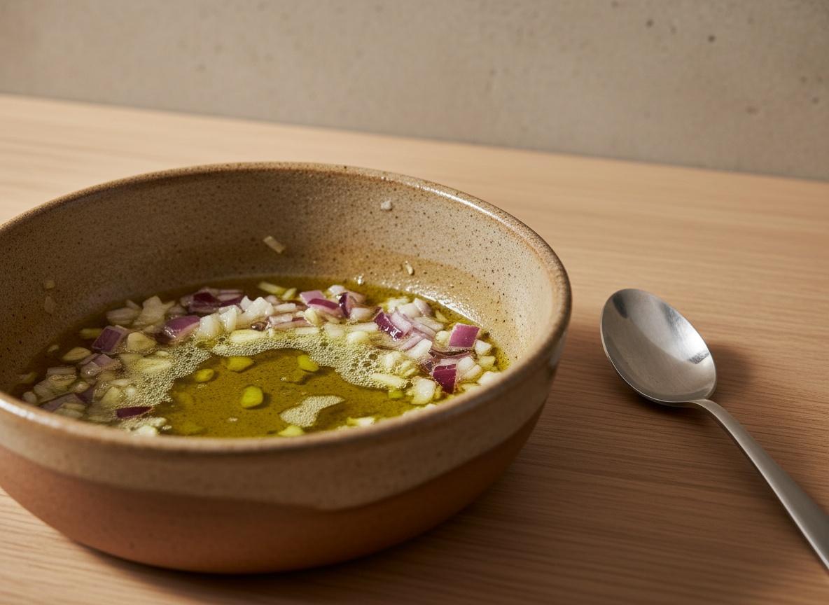 Cebolla y ajo pochándose en aceite de oliva en una cazuela de cerámica artesanal, con luz suave.