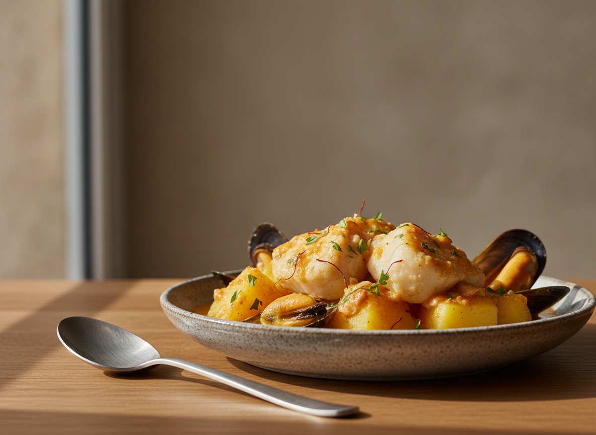 Cazuela de rape a la marinera con patata y salsa dorada de azafrán, en recipiente de cerámica artesanal sobre tabla de roble, con luz natural desde la izquierda.