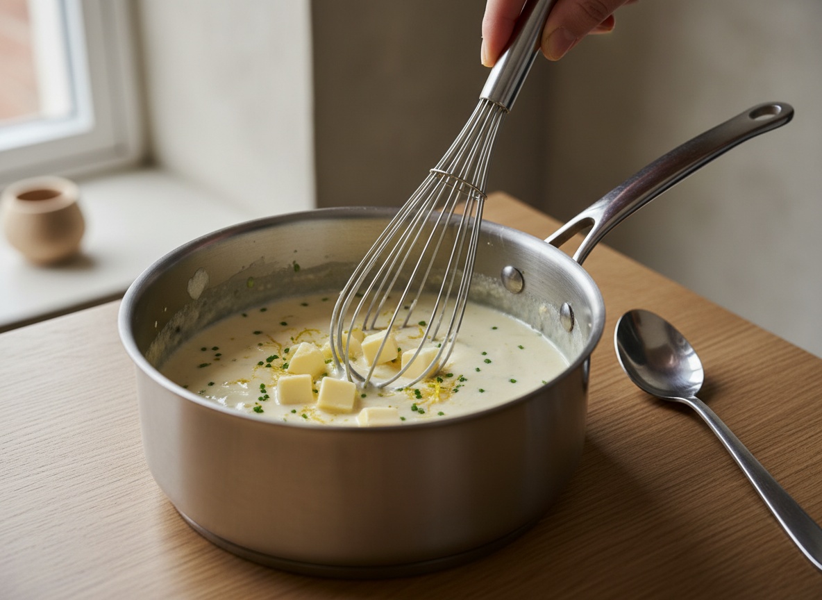 Dados de mantequilla fría integrándose con varilla en la beurre blanc de cítricos