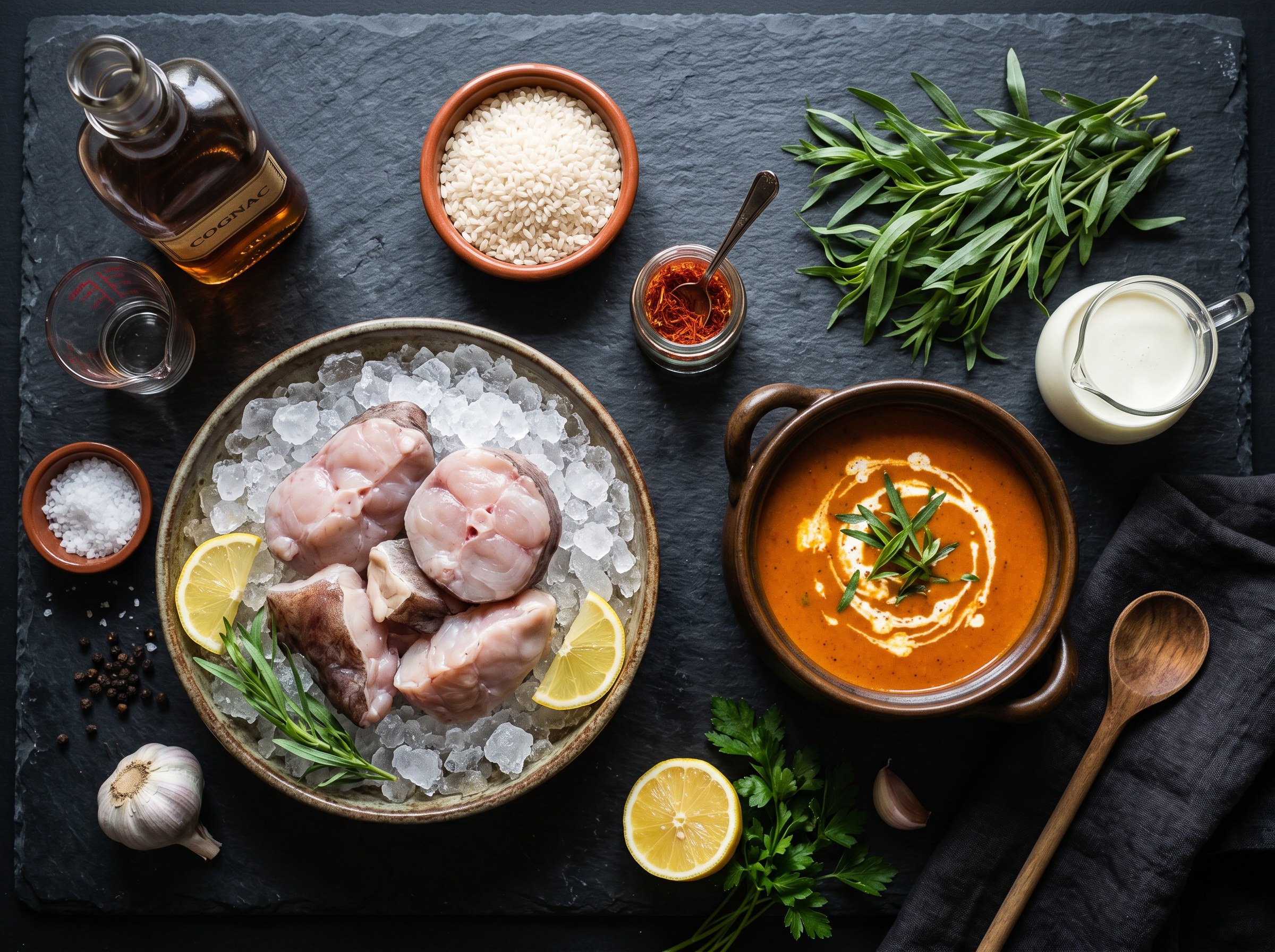 Mise en place: medallones de rape sobre hielo, bisque naranja intensa, arroz bomba, azafrán en hebra, estragón fresco, nata, cognac y sal en pizarra negra