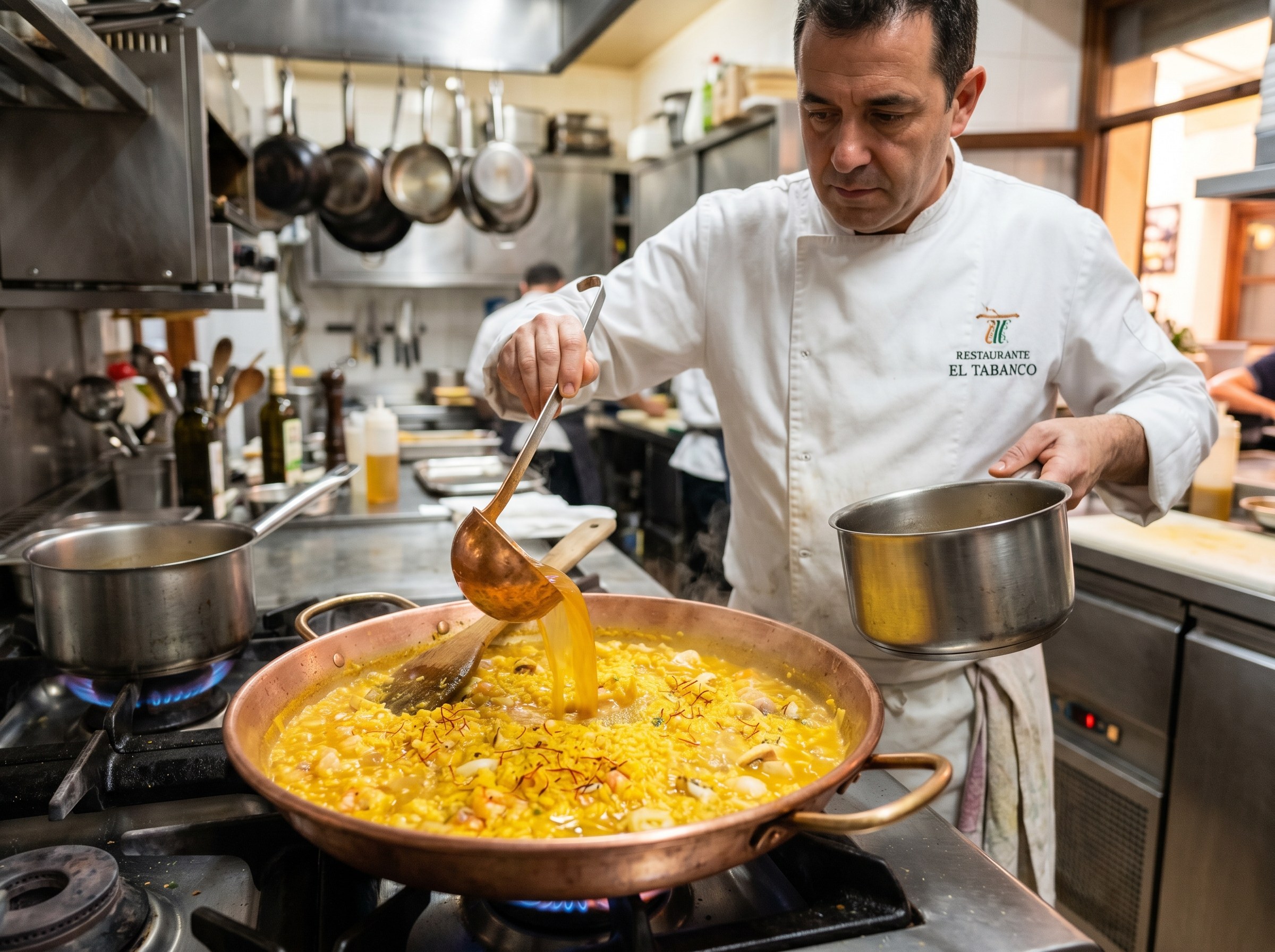 Chef añadiendo caldo de azafrán cazo a cazo al arroz bomba nacarizado en paella de cobre — arroz meloso en cocción