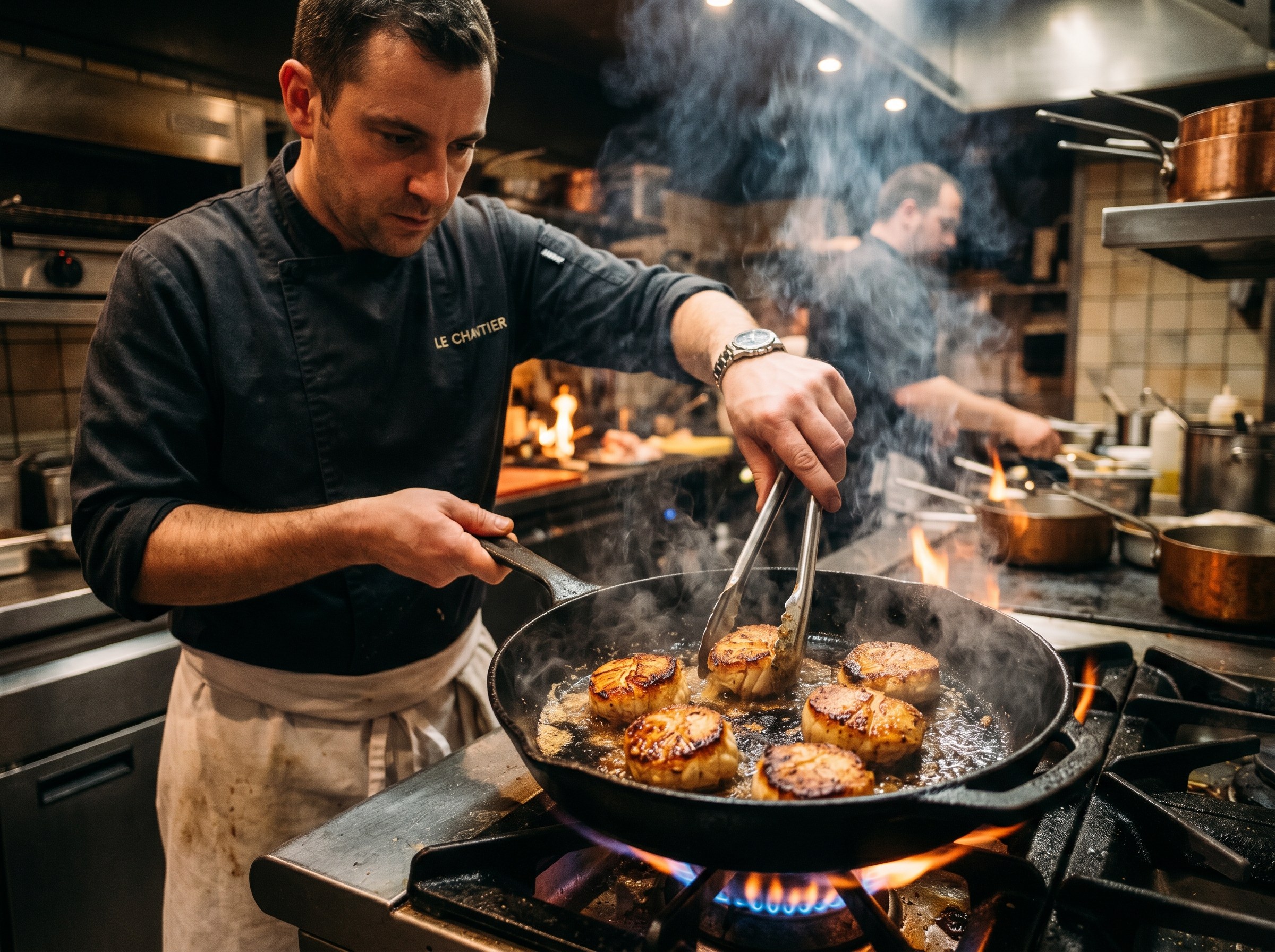 Chef sellando medallones de rape a fuego máximo con llama azul visible — costra Maillard dorada intensa, humo aromático
