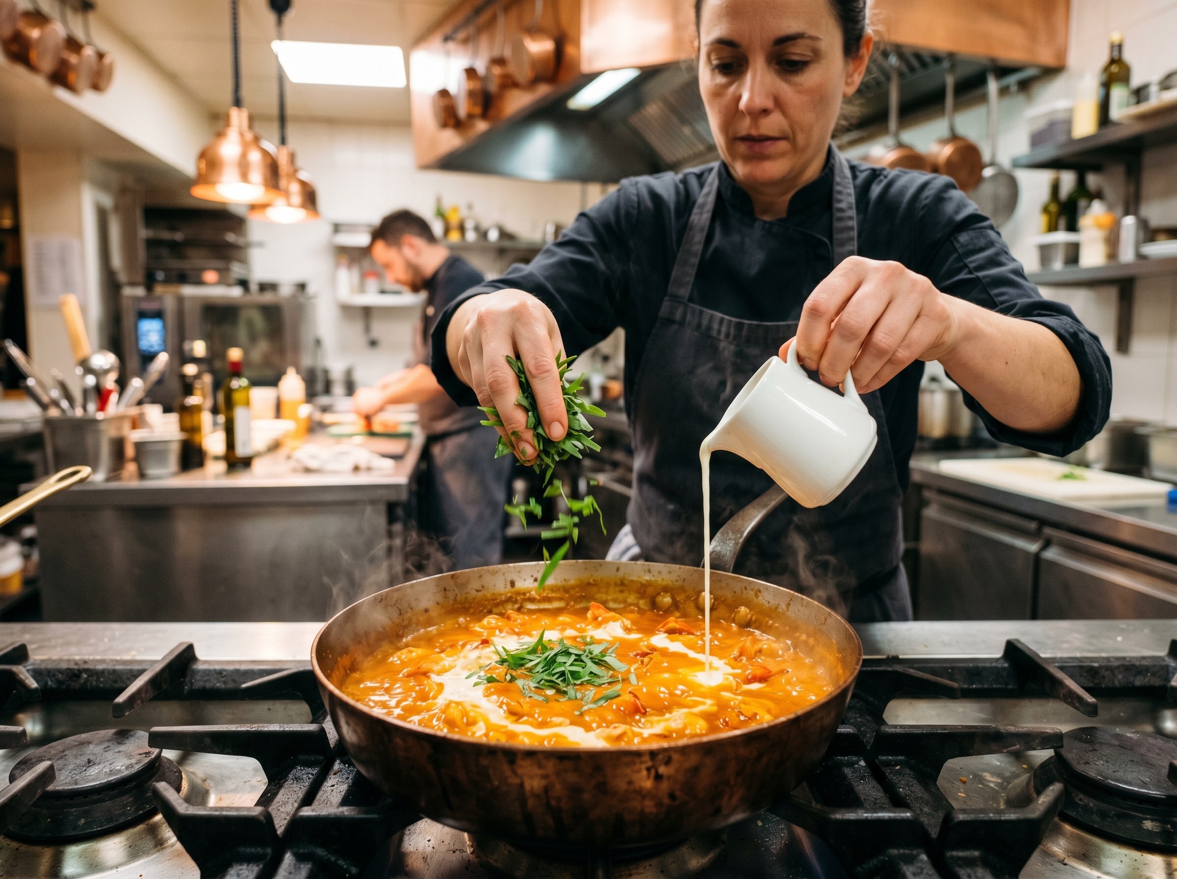 Chef vertiendo nata fría en hilo fino sobre salsa americana naranja y añadiendo ramas de estragón fresco — acabado de la salsa
