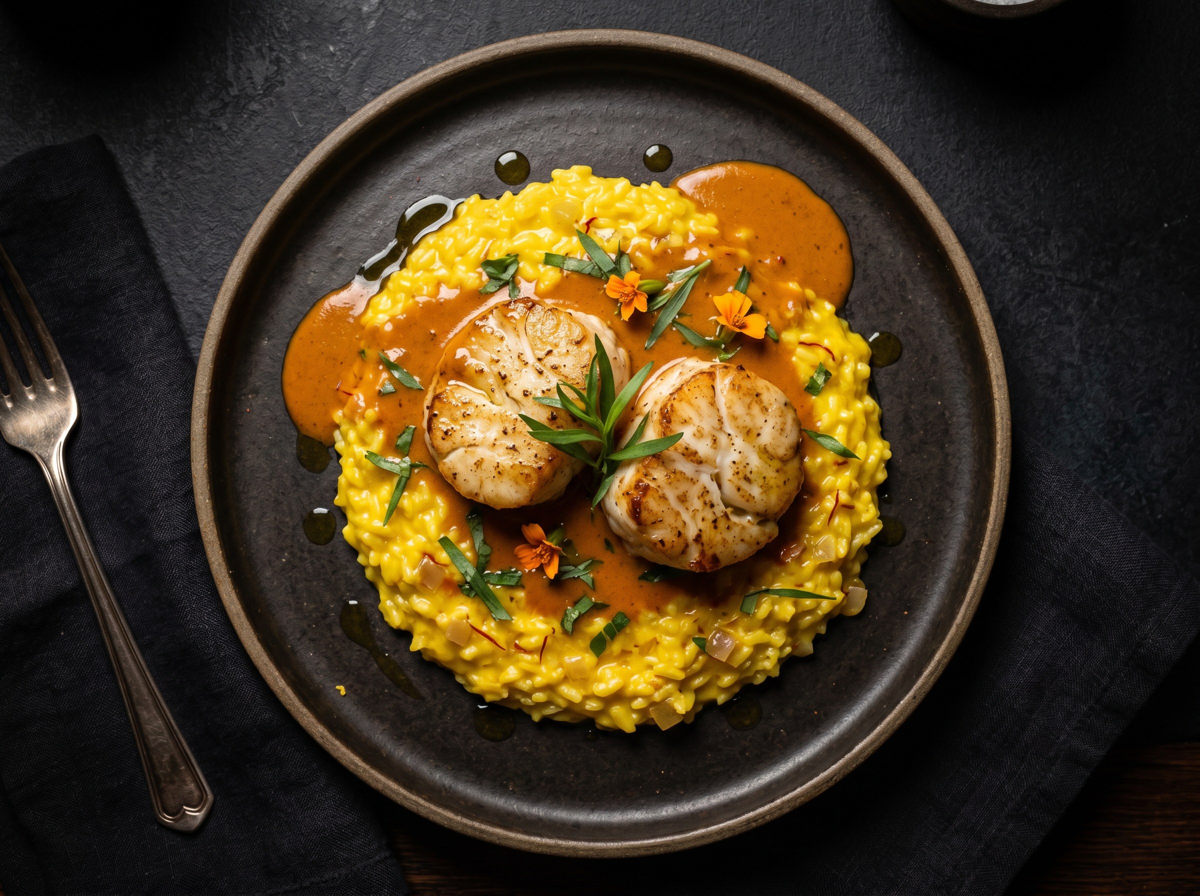 Hero shot cenital: rape sobre arroz meloso amarillo azafrán, bisque naranja intensa, estragón fresco, plato negro — emplatado final