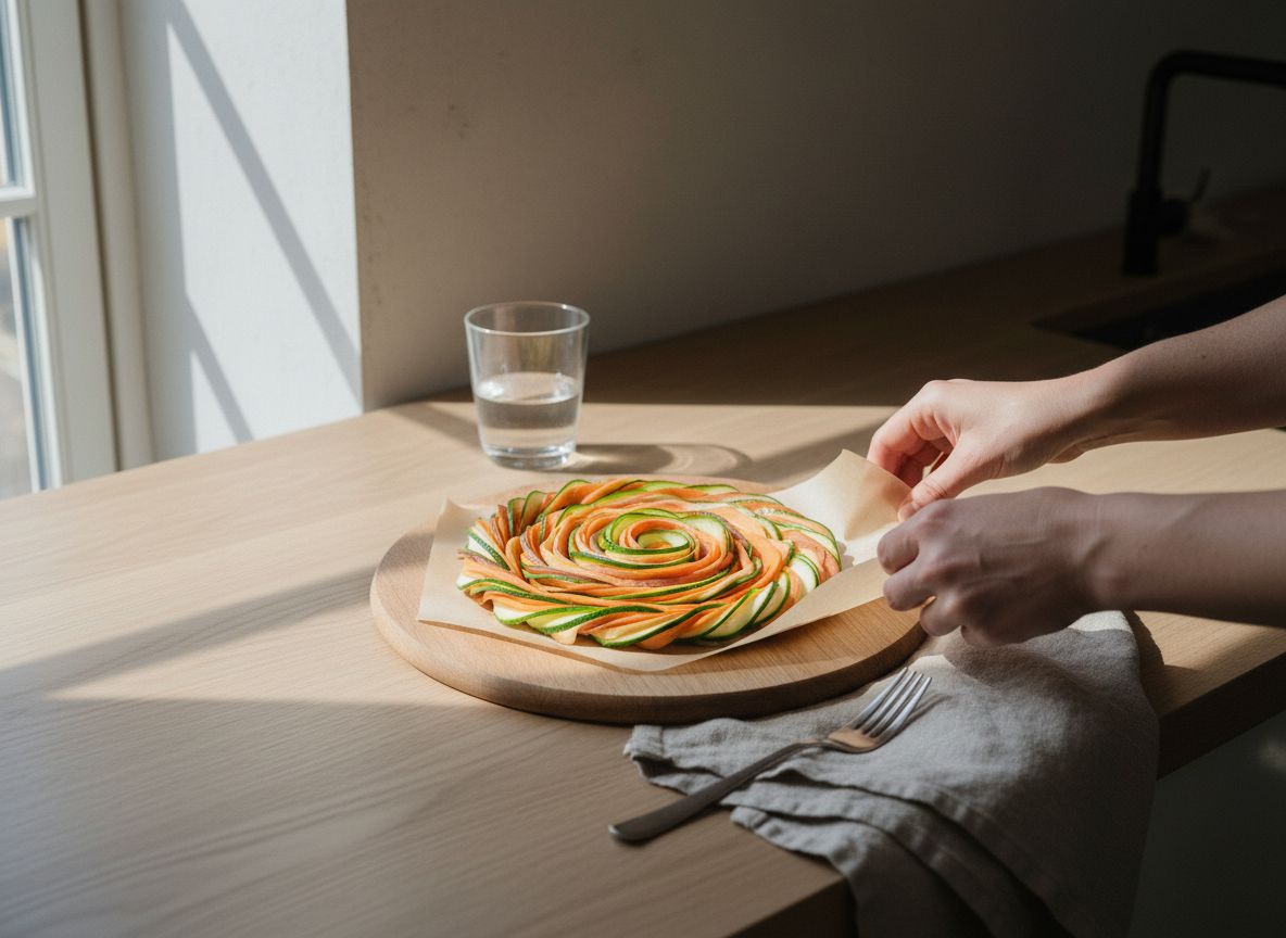 Cubre la fuente con un círculo de papel de horno cortado a la medida y apoyado directamente sobre las verduras, una
