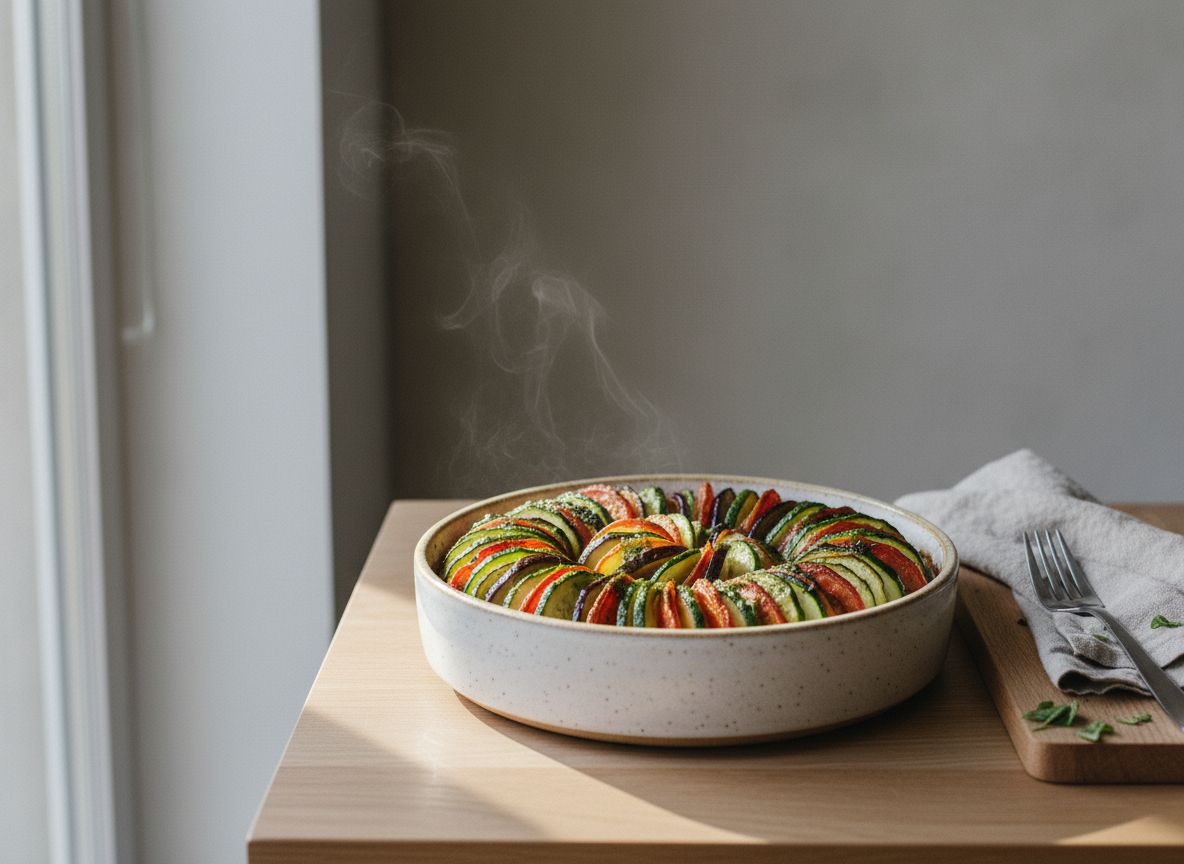 Ratatouille en espiral de rodajas solapadas de calabacín, berenjena y tomate con bordes tostados sobre piperade, regada con aceite verde de albahaca, en fuente redonda de cerámica
