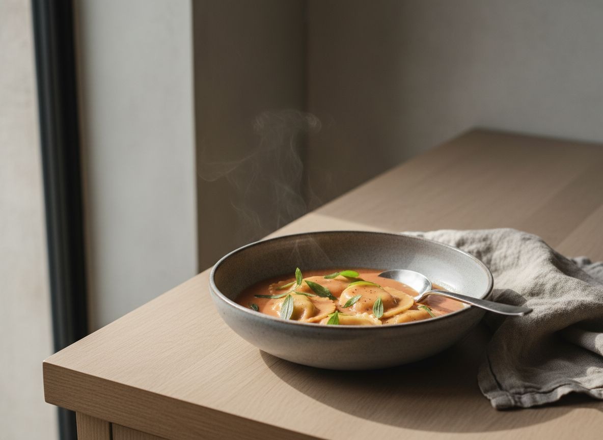 Ravioli de bogavante napados con bisque de color coral y brillante en cuenco de cerámica gris piedra, con estragón y un ligero vapor, luz natural suave desde la izquierda.