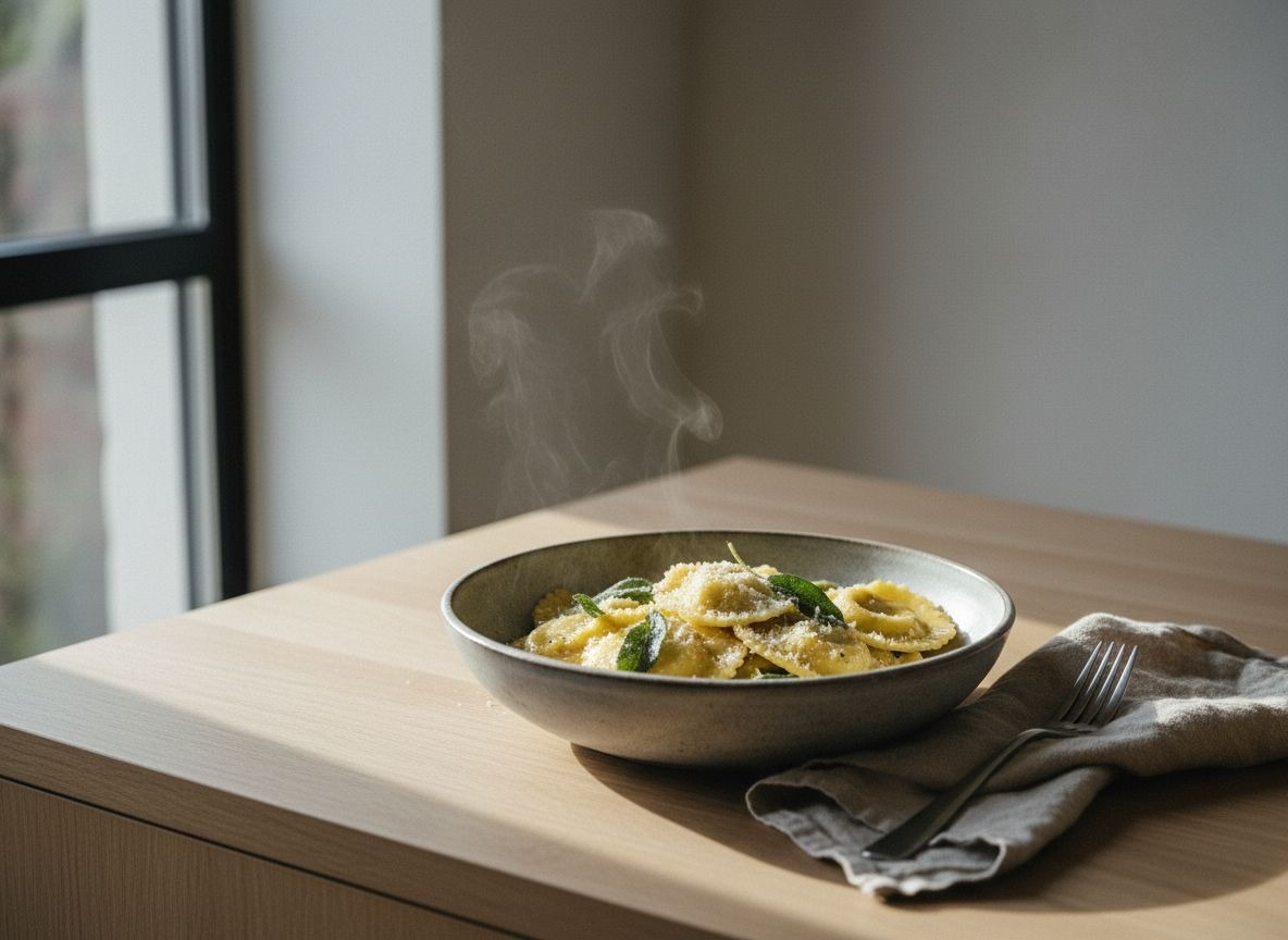 Ravioli de ricotta y espinaca napados con mantequilla dorada y salvia en cuenco de cerámica gris piedra, con parmesano y un ligero vapor, luz natural suave desde la izquierda.