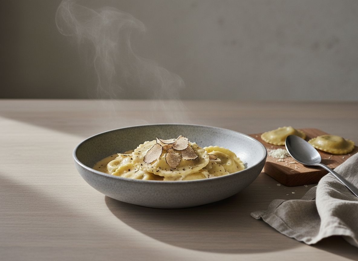 Ravioli de setas napados con crema de parmesano y trufa negra rallada por encima en cuenco de cerámica gris piedra, con un ligero vapor, luz natural suave desde la izquierda.