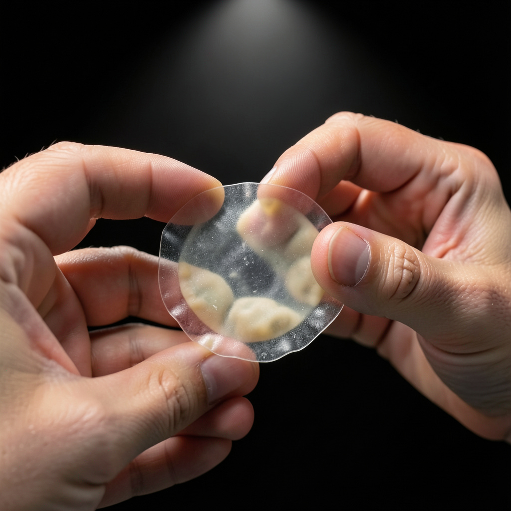 Sosteniendo ravioli transparente con relleno visible a través del agar
