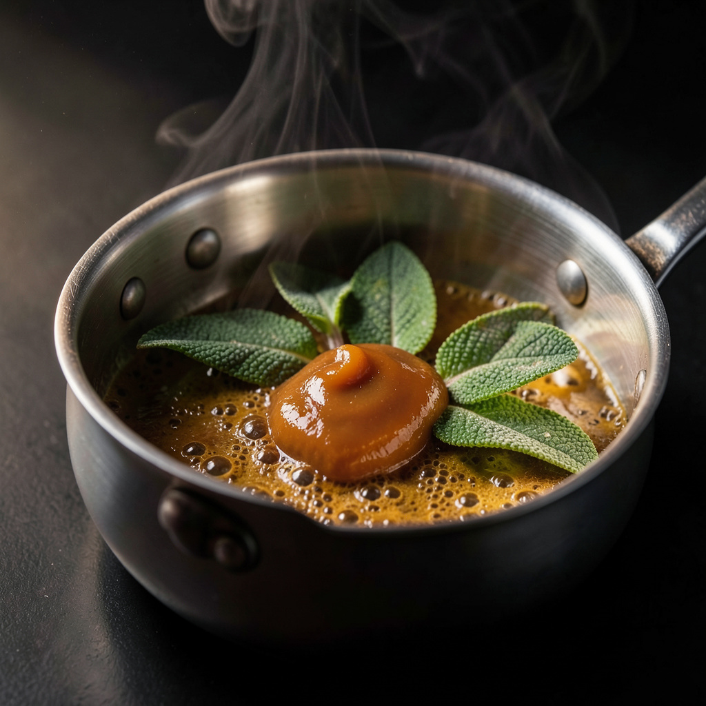 Mantequilla noisette con salvia frita burbujeando en cazo