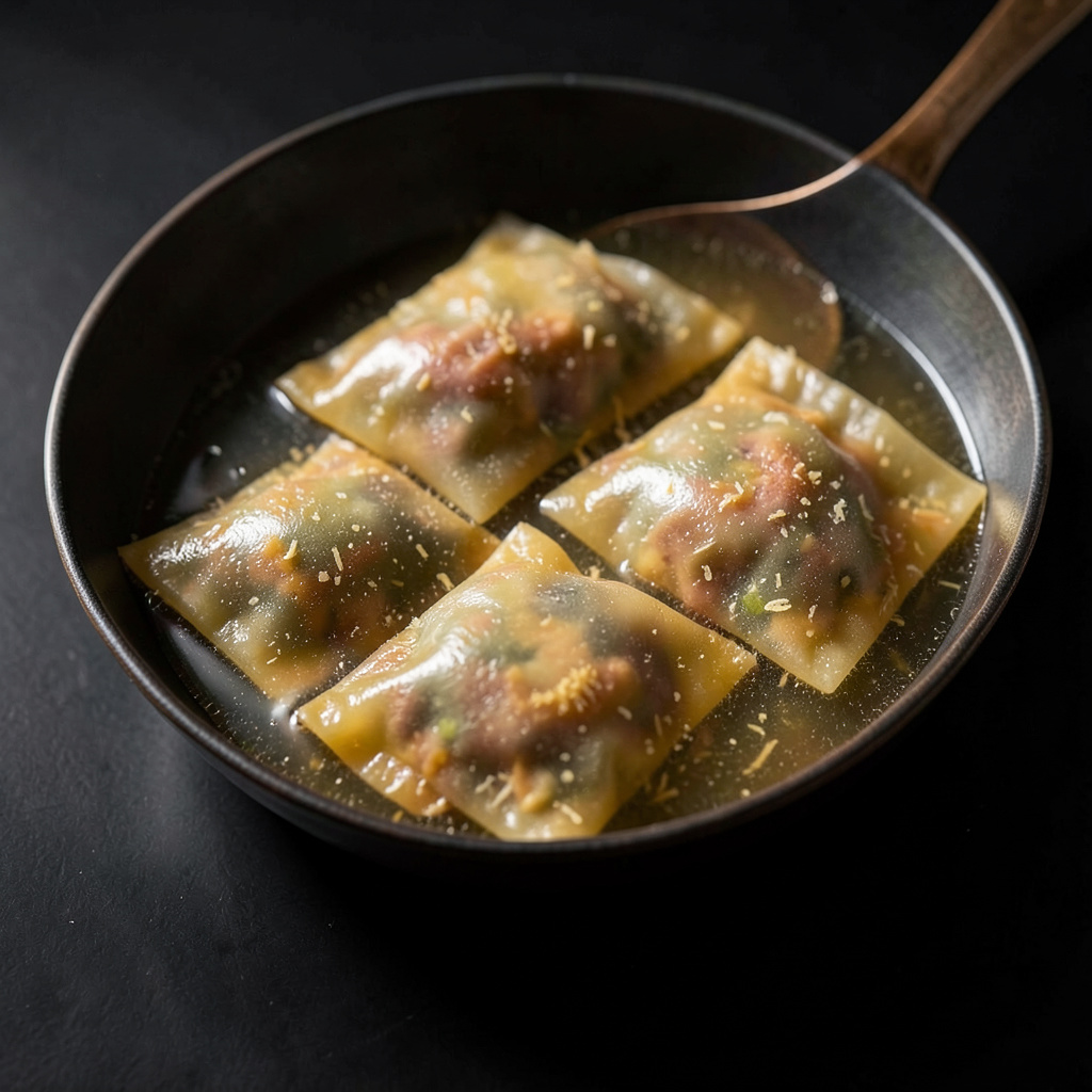 Raviolis transparentes calentándose en sartén de cobre con mantequilla