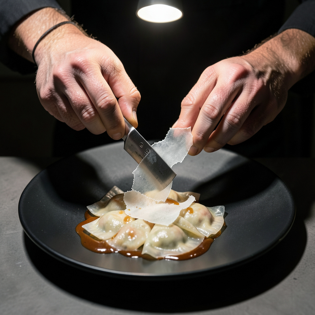 Colocando virutas de parmesano sobre raviolis en plato negro