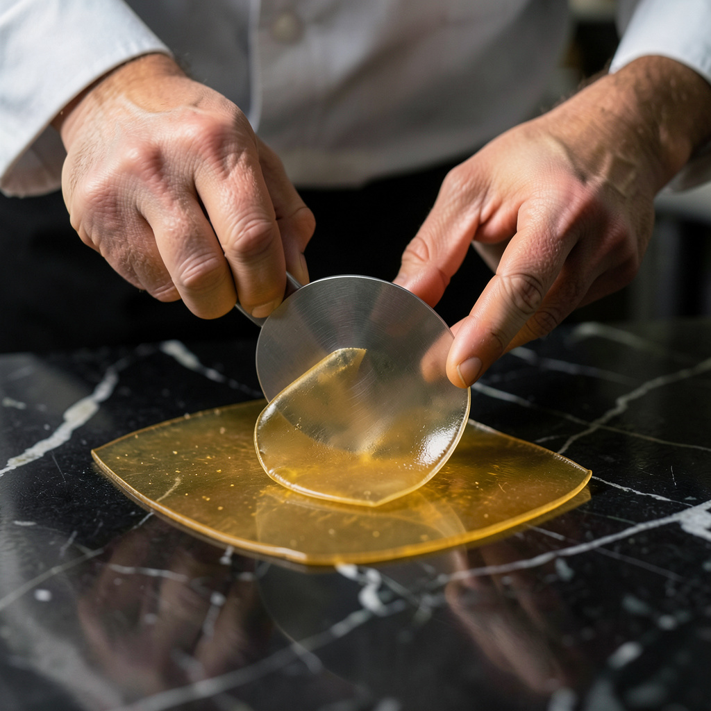 Manos plegando círculo de agar dorado para formar el ravioli