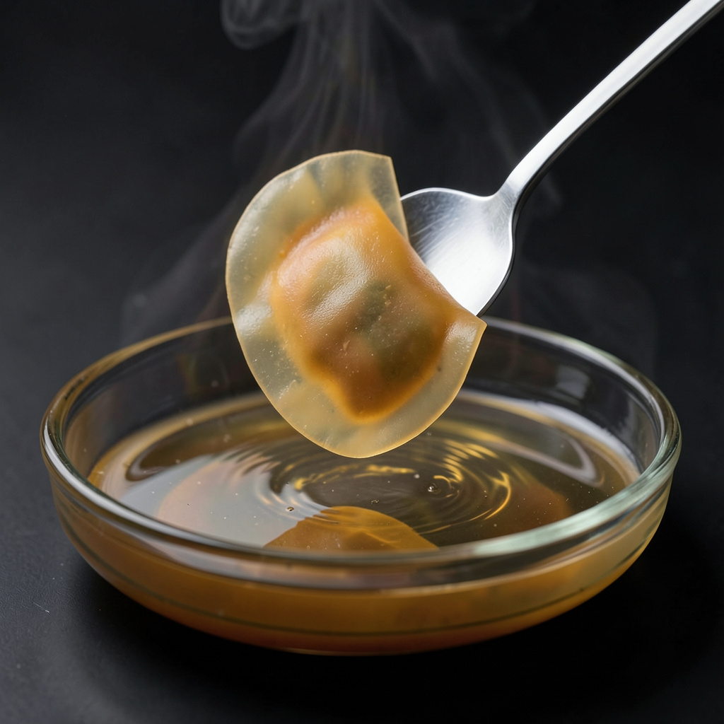 Ravioli transparente siendo entibiado en baño caliente