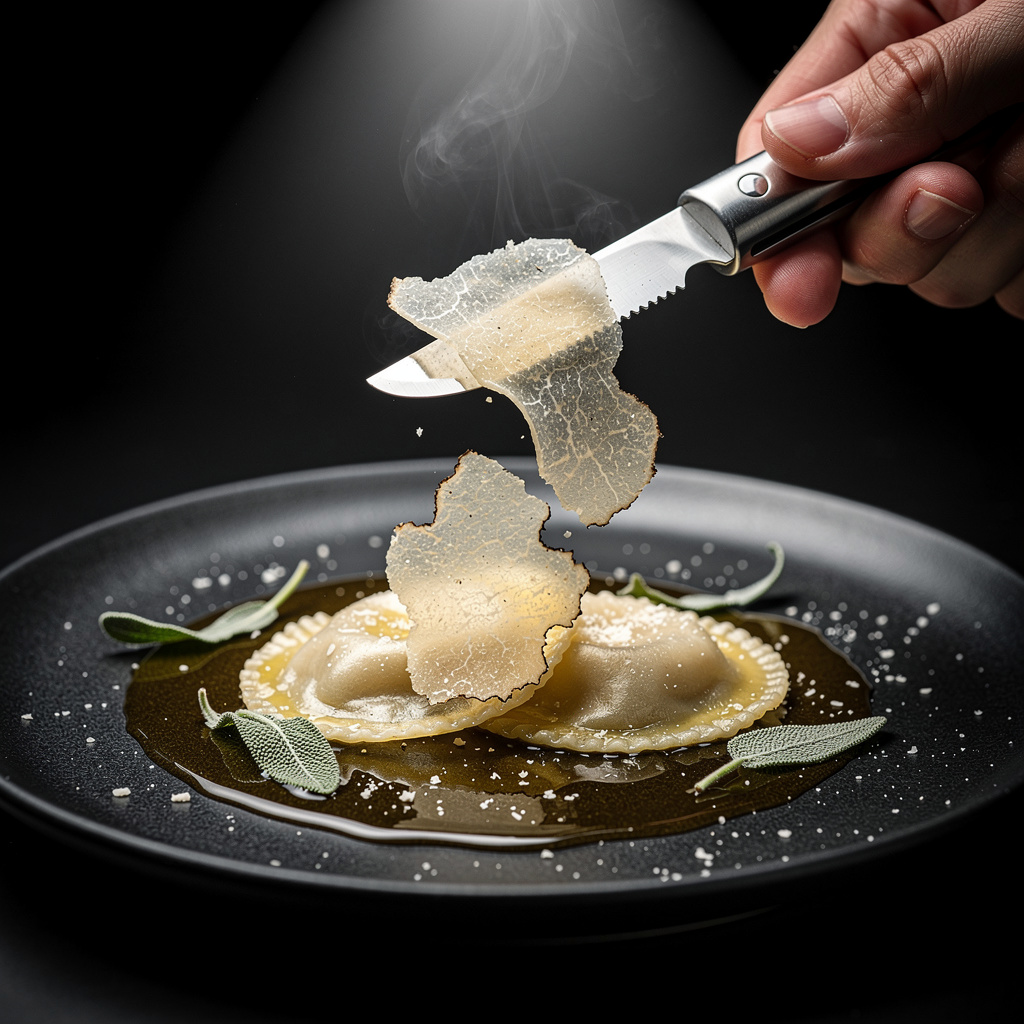 Ravioli transparente de caldo de parmesano con trufa blanca de Alba y mantequilla de salvia negra