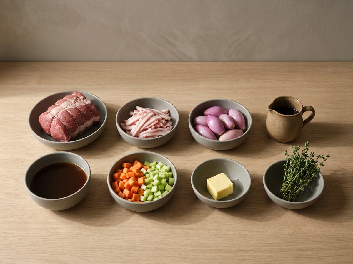Ingredientes del redondo: pieza de ternera, tiras de tocino, chalotas, Oporto, caldo y hierbas