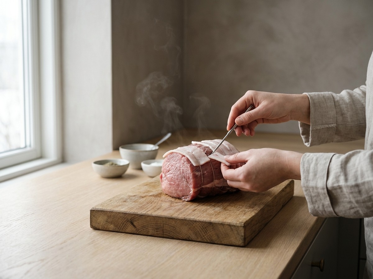 Redondo mechándose con tiras de tocino en la tabla