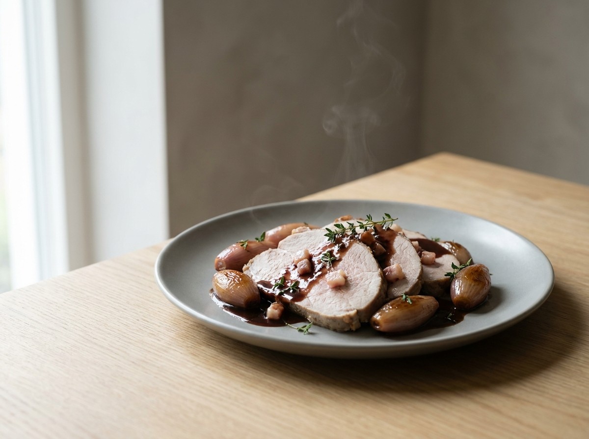 Redondo de ternera mechado en plato de cerámica gris piedra: lonchas pálidas de ternera con mechado de tocino, chalotas glaseadas y salsa oscura de Oporto.