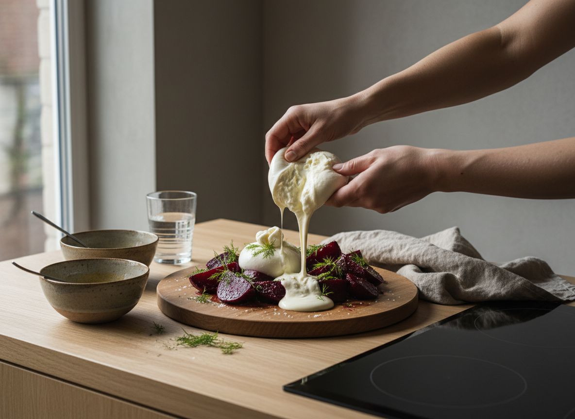 Reparte los gajos macerados en los platos y rompe media burrata sobre cada uno con las manos o con la punta de un c