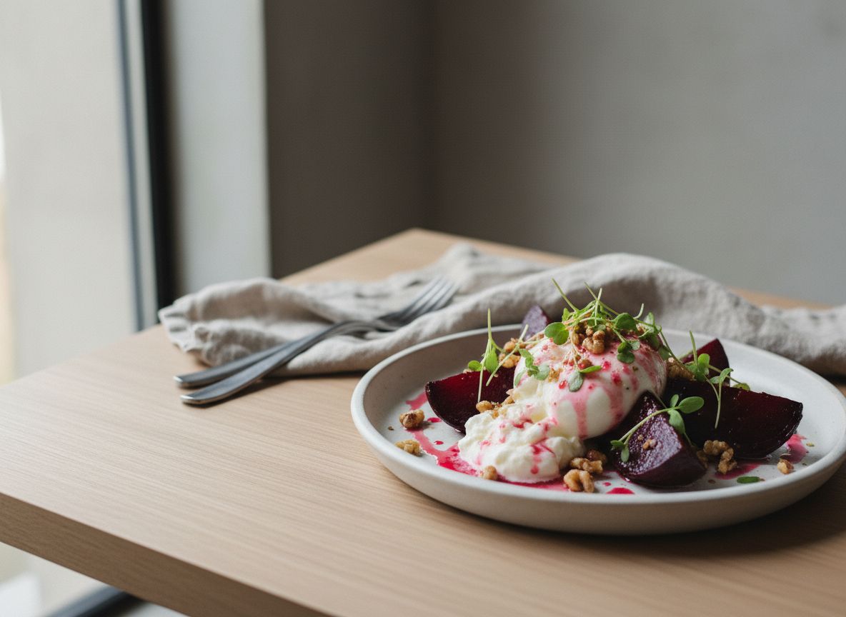 Gajos de remolacha asada con burrata cremosa rota por encima, vinagreta rosa de frambuesa, nueces tostadas y brotes verdes, en plato de cerámica blanco hueso