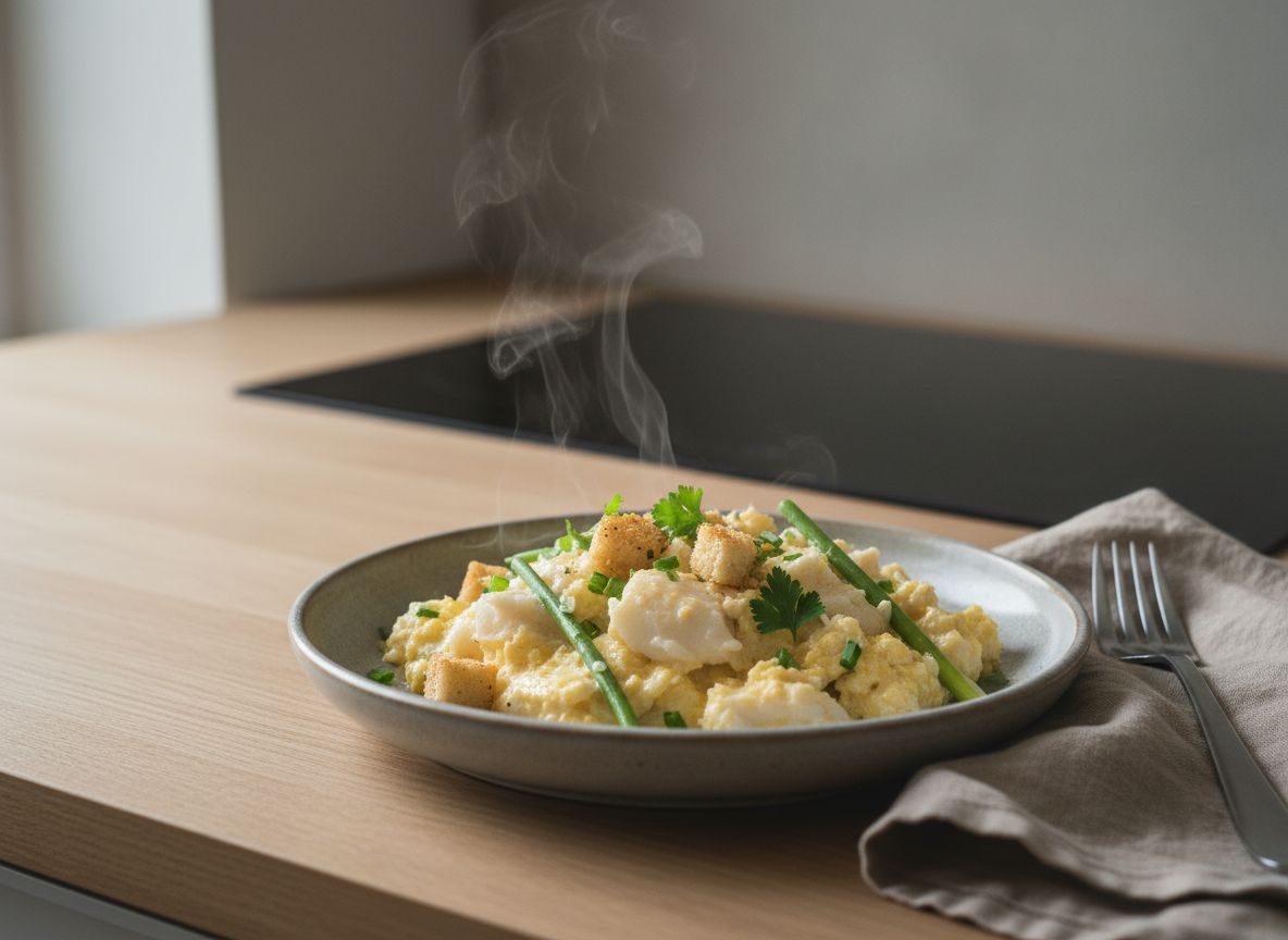 Revuelto cremoso de bacalao con lascas blancas visibles, ajetes verdes y picatostes dorados, cuajadas brillantes, en plato de cerámica gris piedra