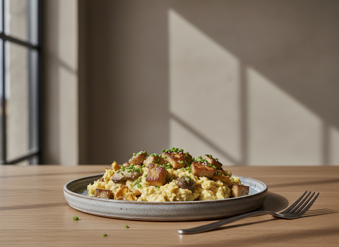 Revuelto cremoso de setas de temporada coronado con escalopa de foie dorada fundiéndose, cebollino y escamas de sal, en plato de cerámica gris piedra