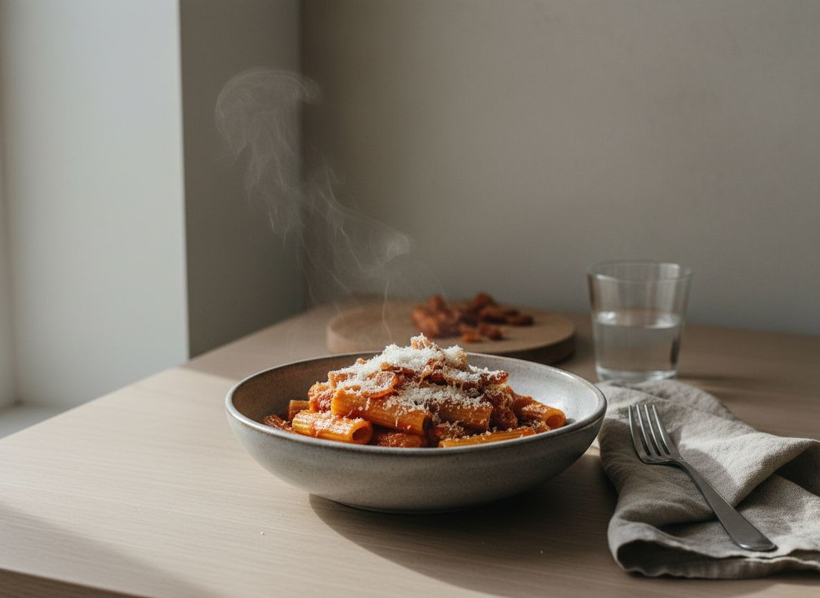 Rigatoni all'amatriciana en salsa de tomate roja con guanciale crujiente y pecorino en cuenco de cerámica gris piedra, con un ligero vapor, luz natural suave desde la izquierda.