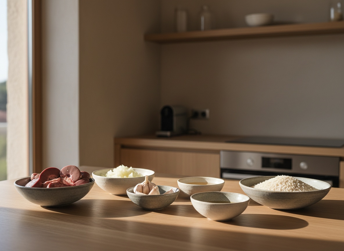 Ingredientes de los rinones al Jerez vistos de lado sobre roble: rinones, cebolla, ajo, Jerez y arroz en cuencos de ceramica.